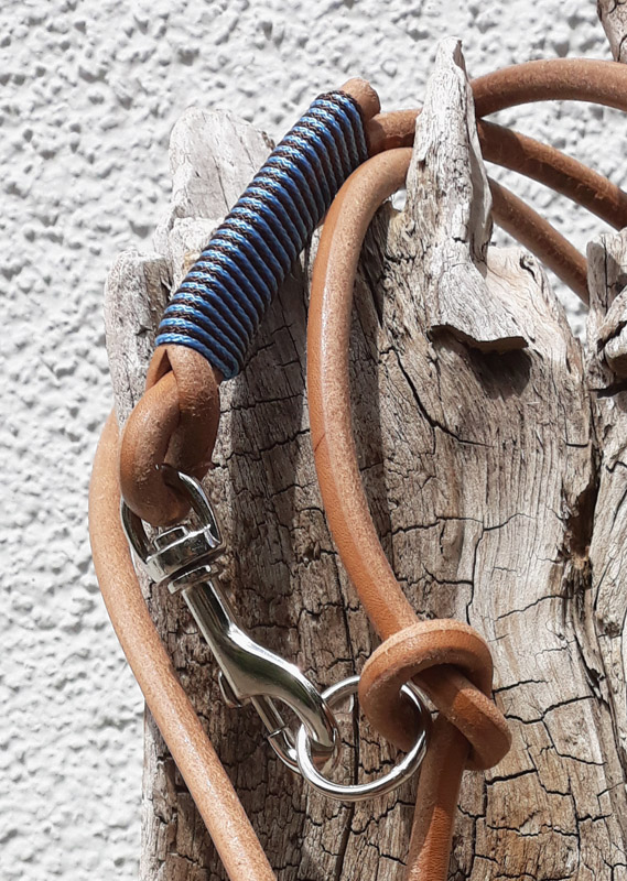Leine Leder natur-blau rund 3 Ringe silber_Detail