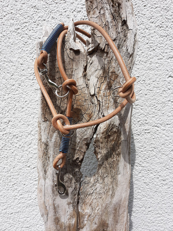Leine Leder natur-blau rund 3 Ringe silber