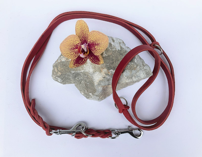 Leine breit Leder rot 3 Ringe silber